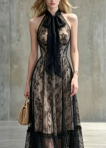 Halter Pussy Bow Floral Lace Tiered Ruffle Hem Sleeveless Gown