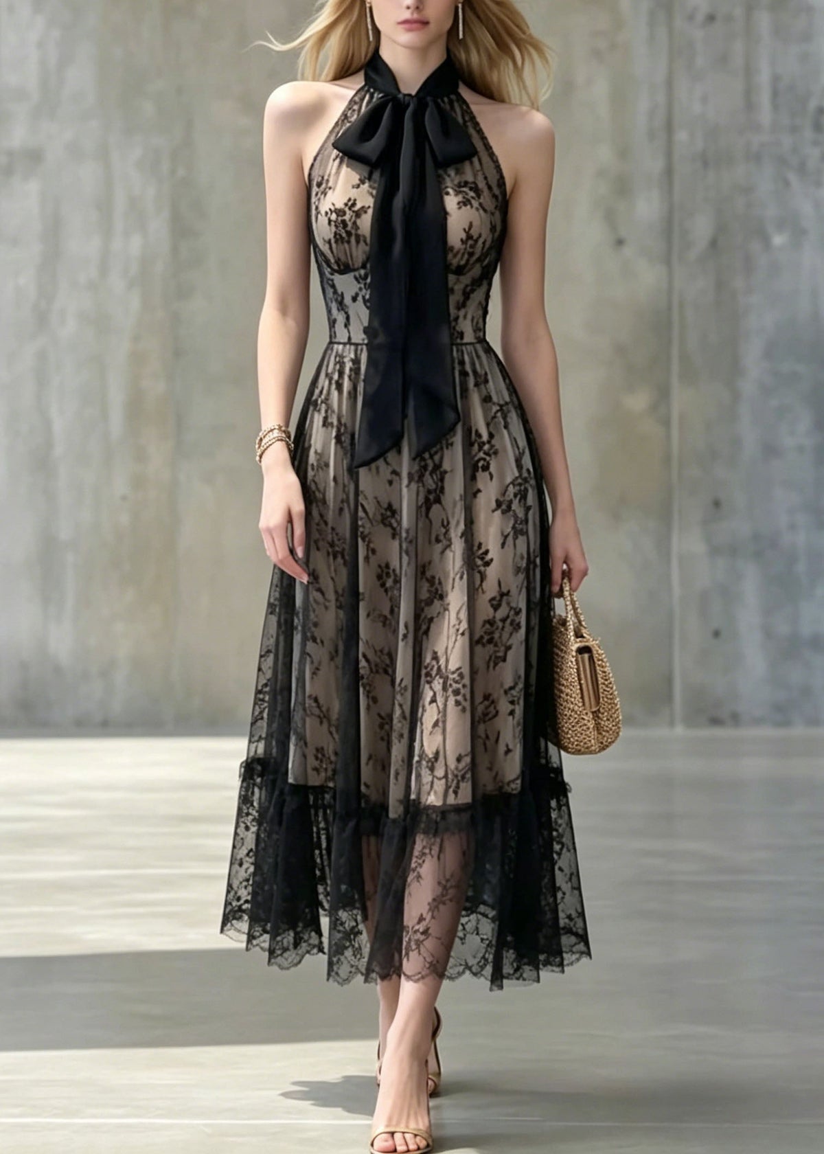 Halter Pussy Bow Floral Lace Tiered Ruffle Hem Sleeveless Gown