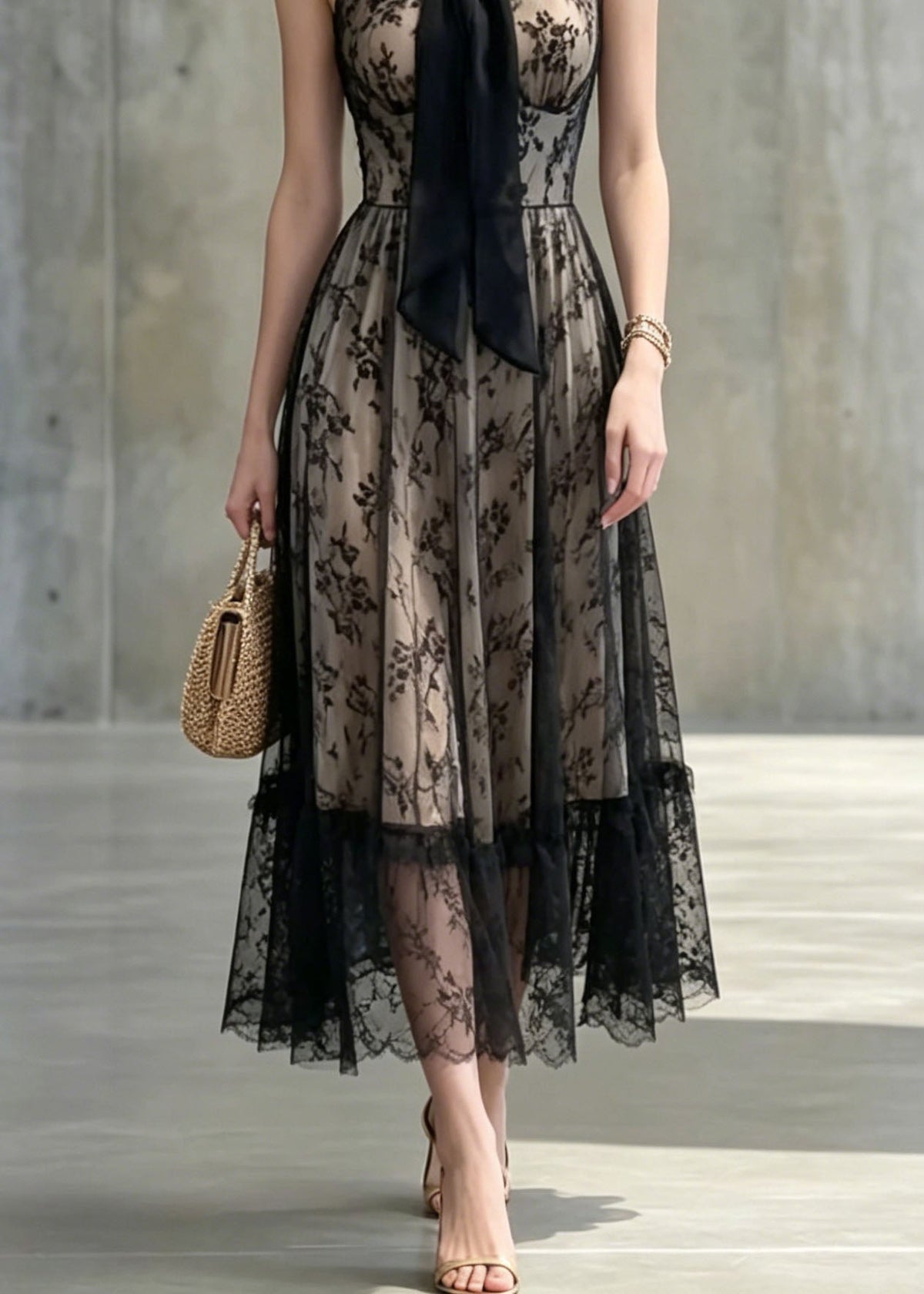 Halter Pussy Bow Floral Lace Tiered Ruffle Hem Sleeveless Gown