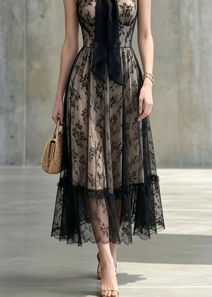 Halter Pussy Bow Floral Lace Tiered Ruffle Hem Sleeveless Gown