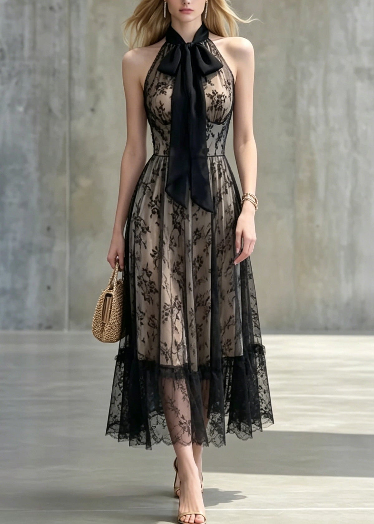 Halter Pussy Bow Floral Lace Tiered Ruffle Hem Sleeveless Gown