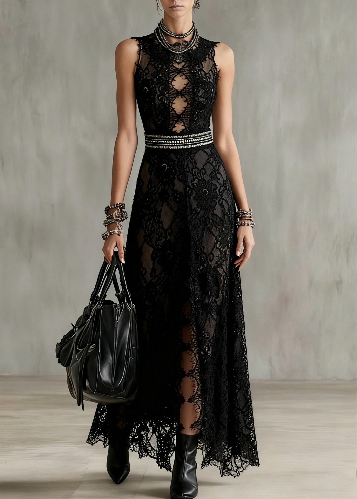 Mock Neck Diamond Lace Cutout Rhinestone Waist Floral Lace Maxi Gown
