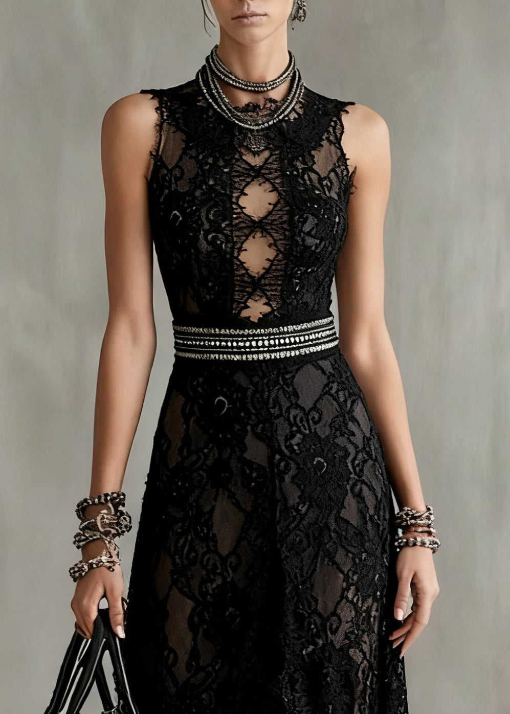 Mock Neck Diamond Lace Cutout Rhinestone Waist Floral Lace Maxi Gown