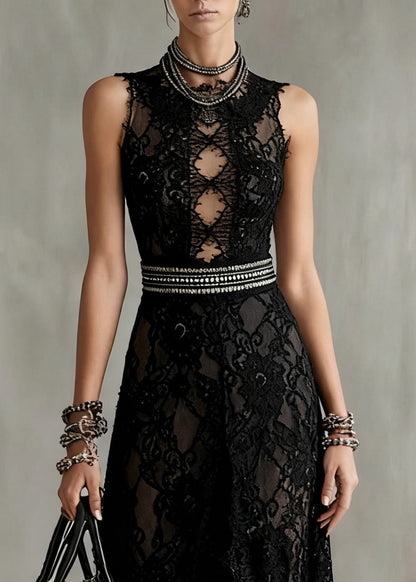 Mock Neck Diamond Lace Cutout Rhinestone Waist Floral Lace Maxi Gown