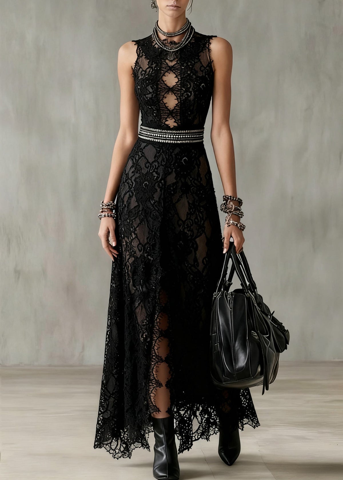 Mock Neck Diamond Lace Cutout Rhinestone Waist Floral Lace Maxi Gown