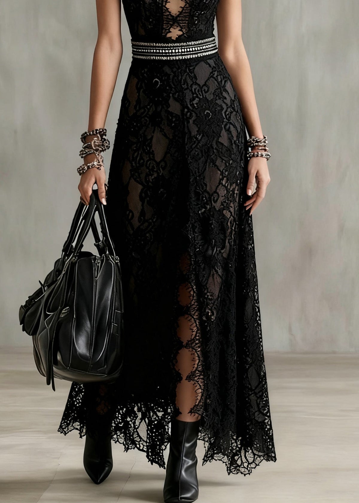 Mock Neck Diamond Lace Cutout Rhinestone Waist Floral Lace Maxi Gown