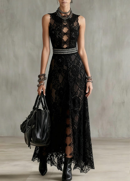 Mock Neck Diamond Lace Cutout Rhinestone Waist Floral Lace Maxi Gown