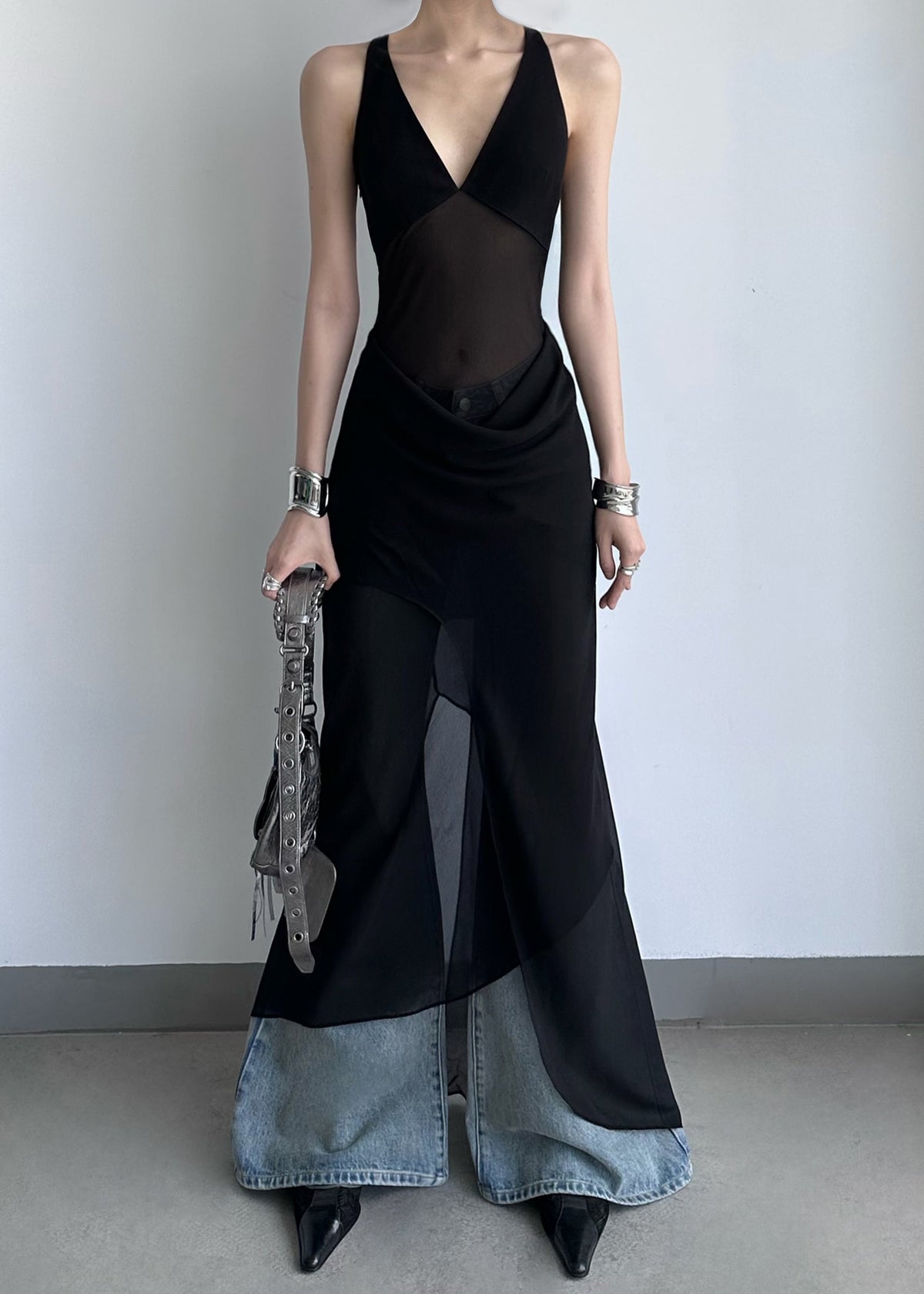 Halter Mesh Cutout Layered Sheer Slit Maxi Dress