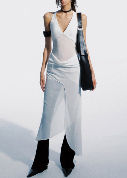 Halter Mesh Cutout Layered Sheer Slit Maxi Dress