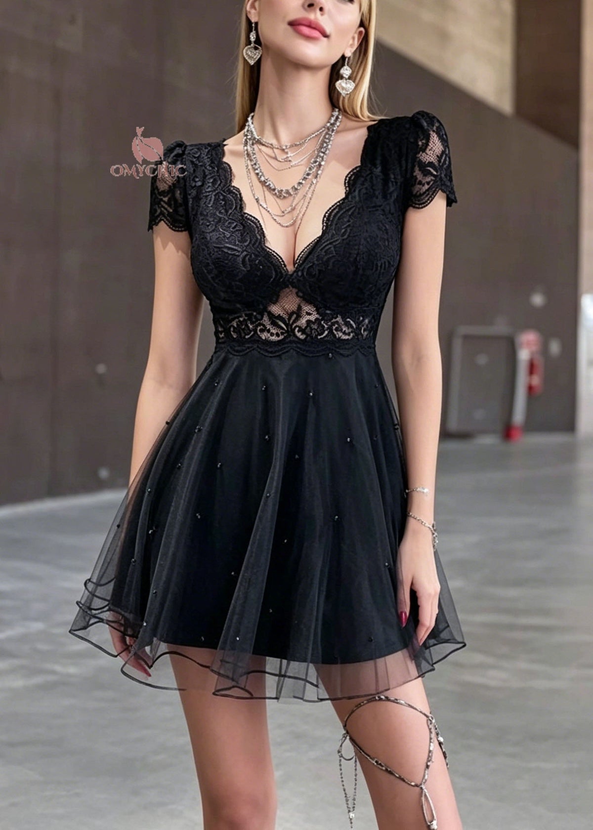 V-Neck Lace Tulle Beaded Flared Mini Dress