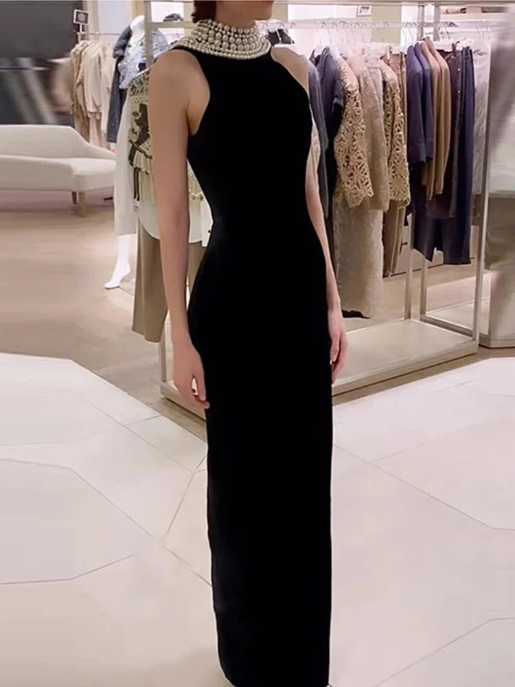 Sexy Black Velvet Halter Neck Pearl Chain Long Dress Maxi Party Dress