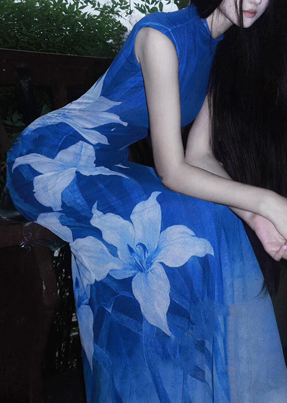 Mock Neck Sleeveless Lily Print Bodycon Maxi Dress