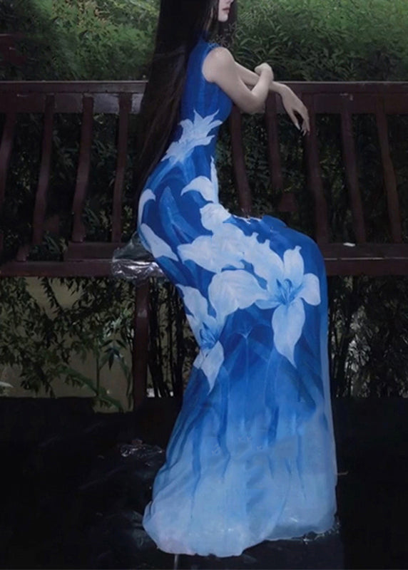 Mock Neck Sleeveless Lily Print Bodycon Maxi Dress