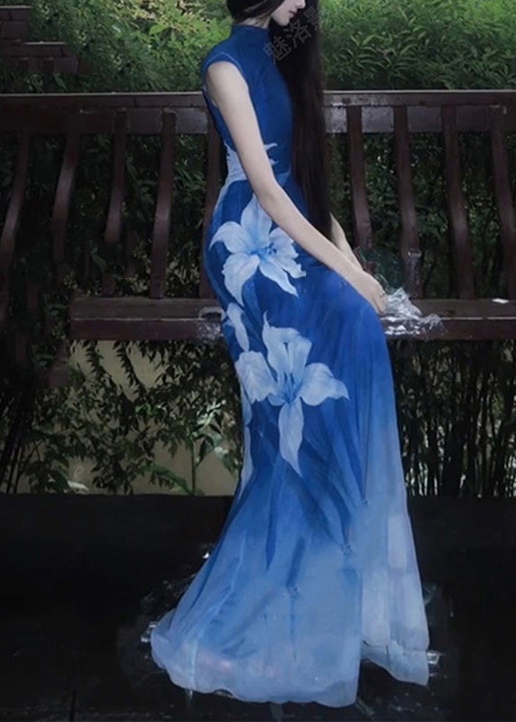 Mock Neck Sleeveless Lily Print Bodycon Maxi Dress
