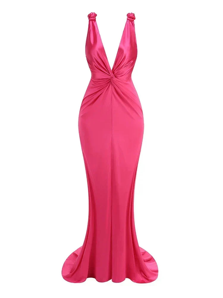 Sexy Braid Sling Deep V Neck Pleated Maxi Dress Women Party Dress