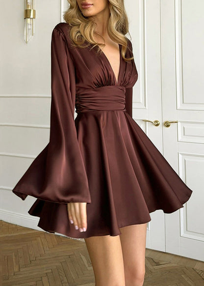 Deep V-Neck Bell Sleeve Ruched Waistband Fit and Flare Mini Dress