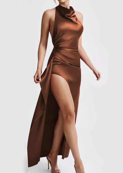 Halter Cowl Neck Ruched Gathered High-Slit Satin Floor-Length Gown