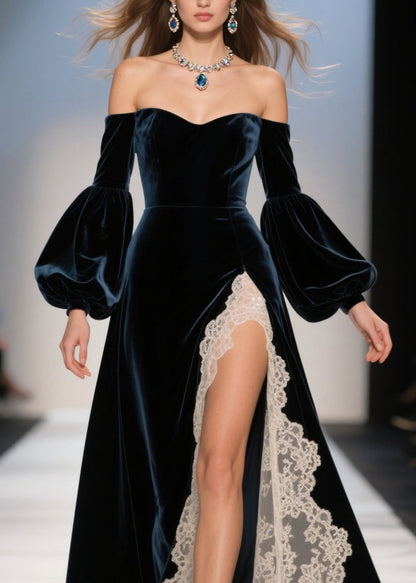 Off-Shoulder Sweetheart Neck Puff Sleeve Velvet Lace Slit Gown