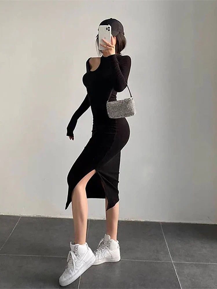 Mock Neck Shoulder Cut Out Bodycon Midi Dress
