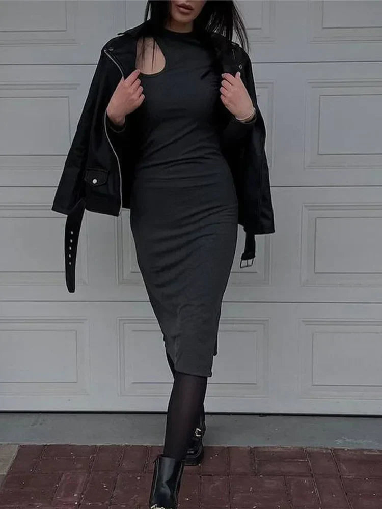 Mock Neck Shoulder Cut Out Bodycon Midi Dress