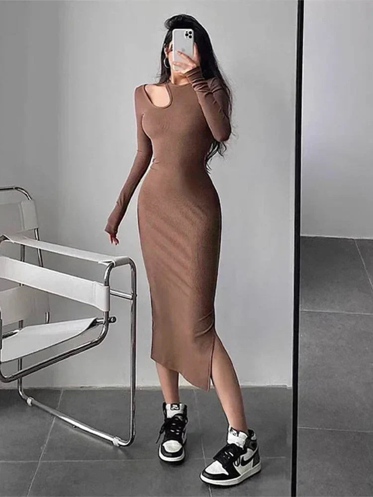Mock Neck Shoulder Cut Out Bodycon Midi Dress
