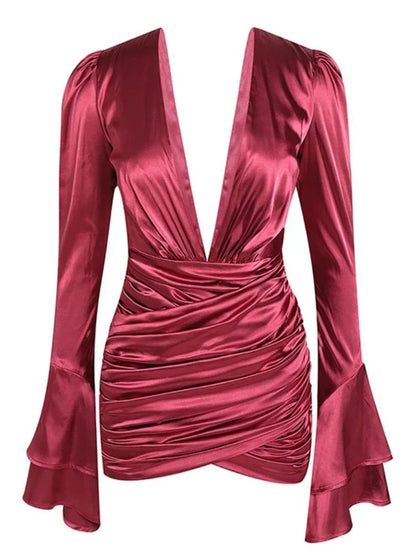 Sexy Deep V Neck Flare Sleeve Pleats Mini Backless Party Dress