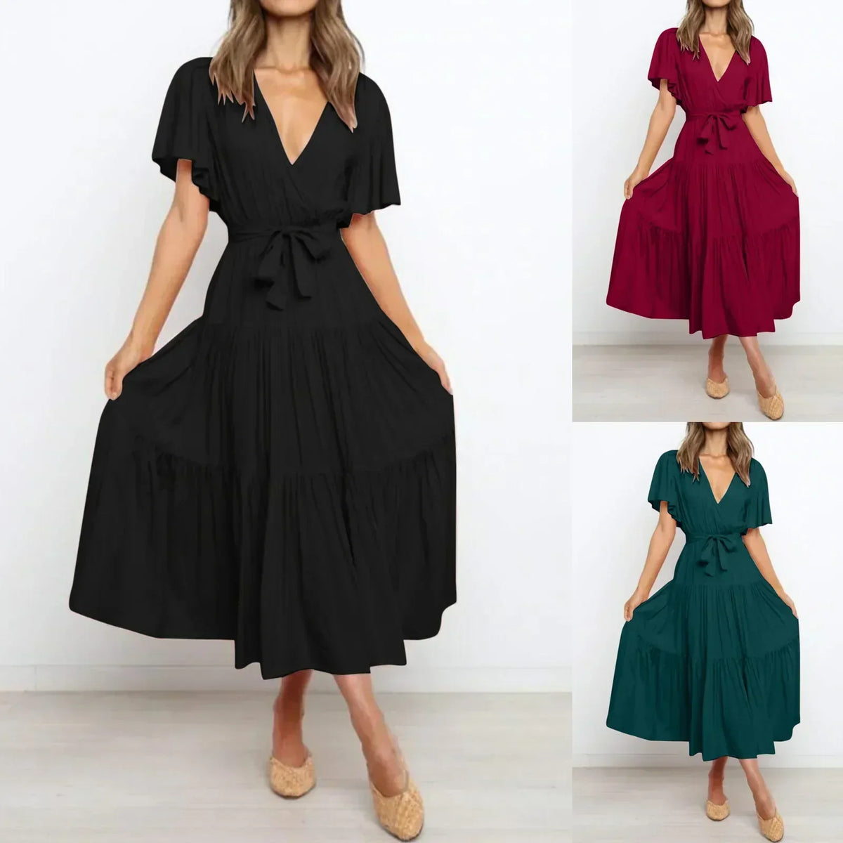 V Neck Wrap Tie Waist Tiered Flutter Sleeve Midi Dress
