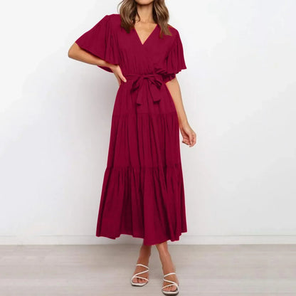 V Neck Wrap Tie Waist Tiered Flutter Sleeve Midi Dress