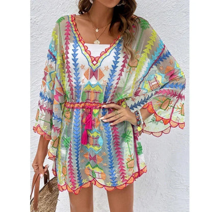 Deep V-neck Tunic Lace Boho Mini Beach Cover up