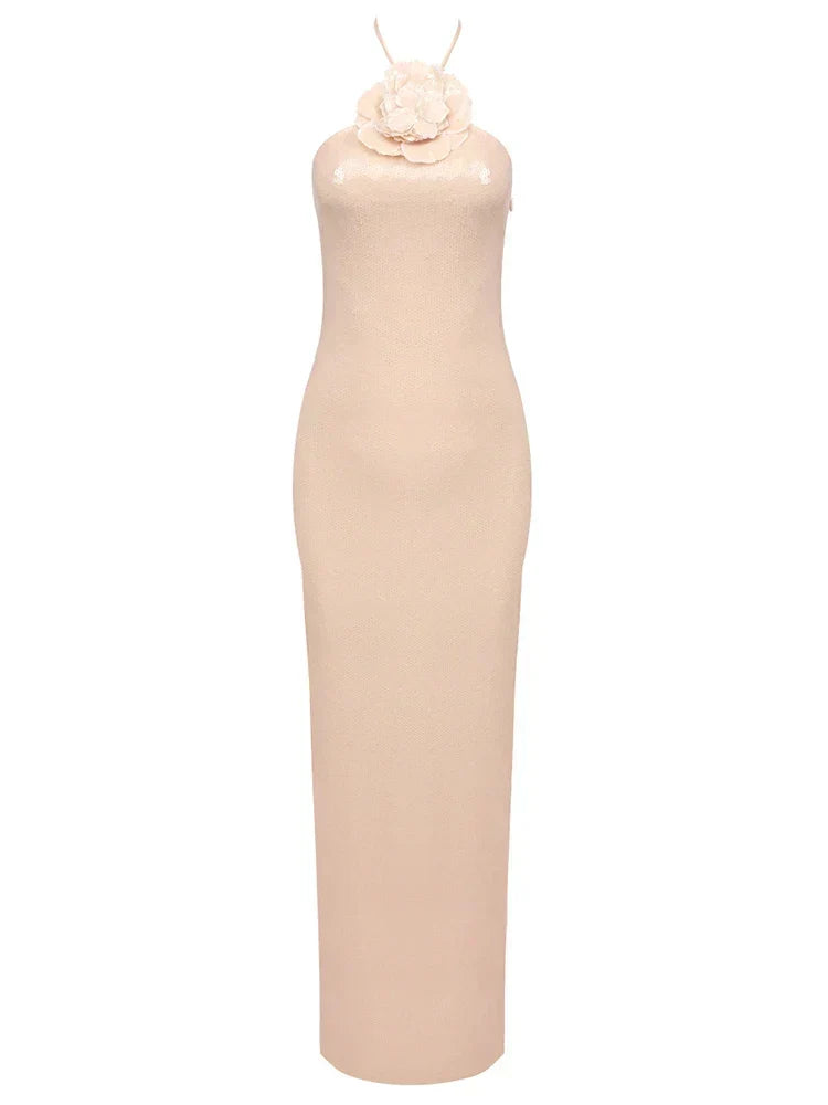 Sexy Halter 3D Flowers Sequins Long Dress Sleeveless Backless Party Dress