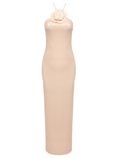 Sexy Halter 3D Flowers Sequins Long Dress Sleeveless Backless Party Dress
