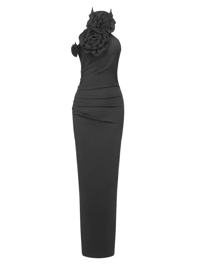 Sexy Halter Backless 3D Flower White Sleeveless High Split Party Dress