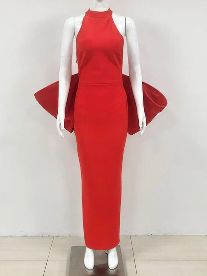 Sexy Halter Neck Backless Bow Design Red Sleeveless Bodycon Party Dress