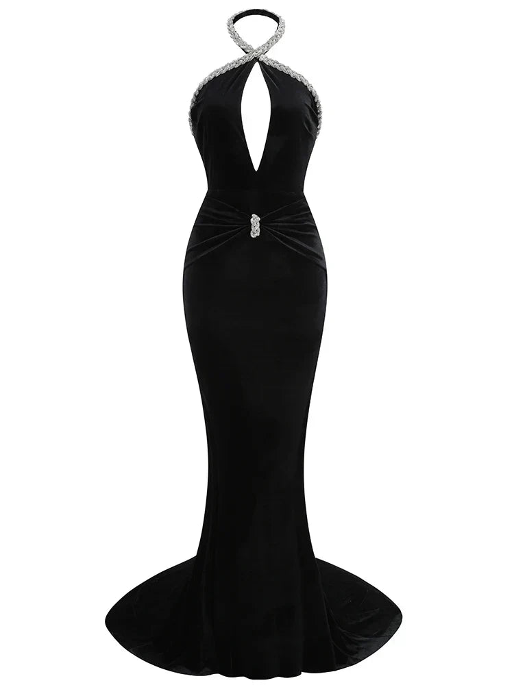Sexy Halter Neck Diamonds Chain Hollow Out Black Velvet Sleeveless Party Dress