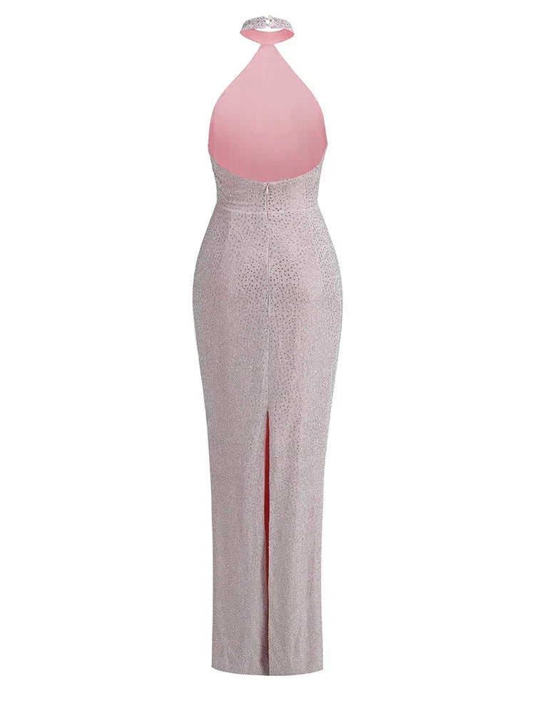 Sexy Halter Neck Shiny Diamonds Bow Maxi Dress Backless Party Dress