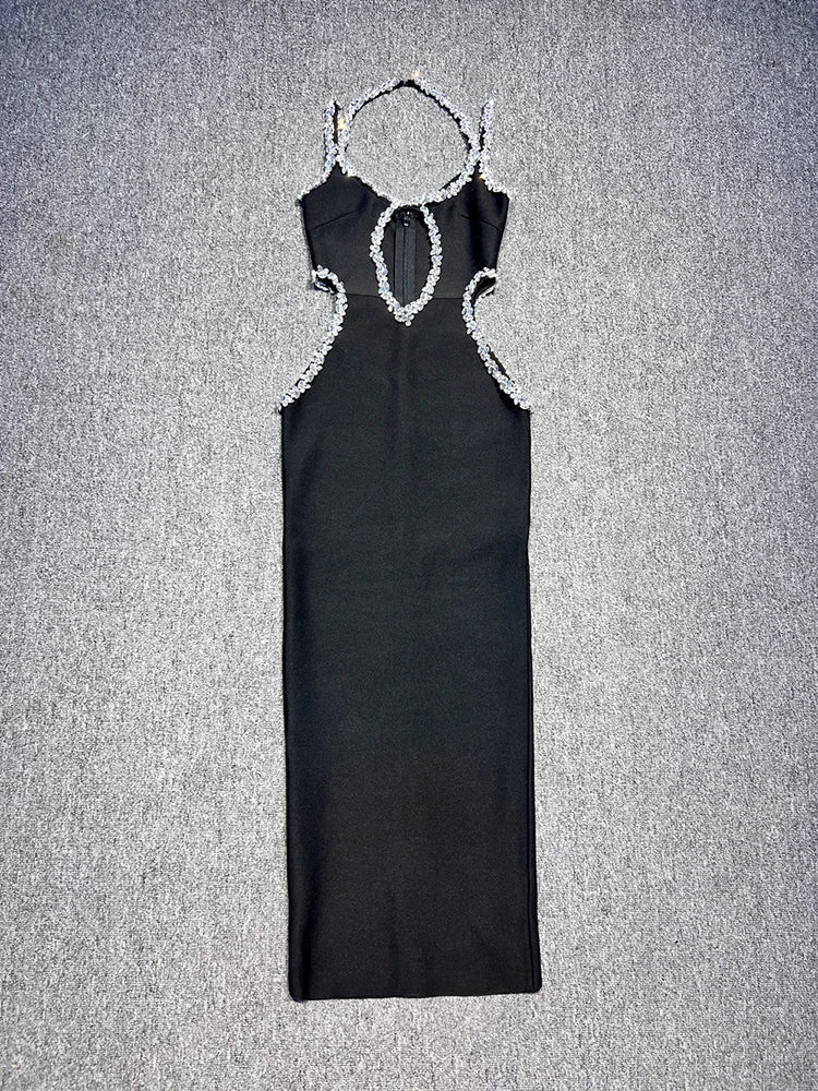 Sexy Halter Neck Sling Hollow Out Crystal Bandage Dress Long Party Dress