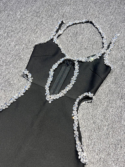 Sexy Halter Neck Sling Hollow Out Crystal Bandage Dress Long Party Dress