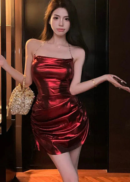 Chain Strap Metallic Ruched Side Bodycon Mini Dress
