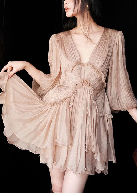 Deep V-Neck Sunburst Pleated Ruffle Trim Balloon Sleeve Layered Mini Dress