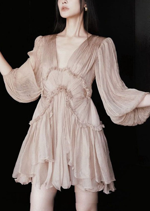 Deep V-Neck Sunburst Pleated Ruffle Trim Balloon Sleeve Layered Mini Dress