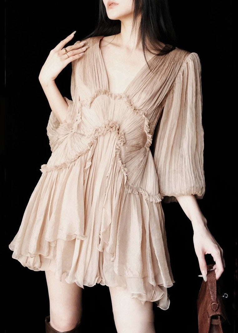 Deep V-Neck Sunburst Pleated Ruffle Trim Balloon Sleeve Layered Mini Dress