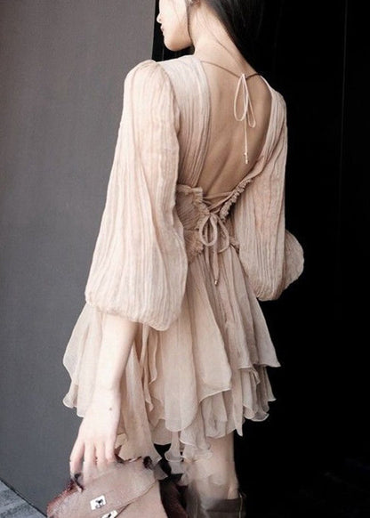 Deep V-Neck Sunburst Pleated Ruffle Trim Balloon Sleeve Layered Mini Dress