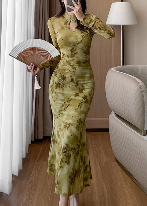 Mandarin Collar Frog Button Floral Burnout Mesh Mermaid Gown
