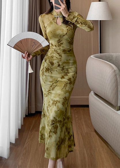 Mandarin Collar Frog Button Floral Burnout Mesh Mermaid Gown