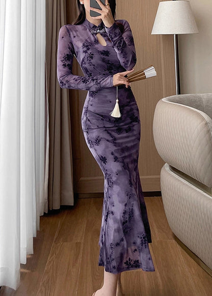 Mandarin Collar Frog Button Floral Burnout Mesh Mermaid Gown