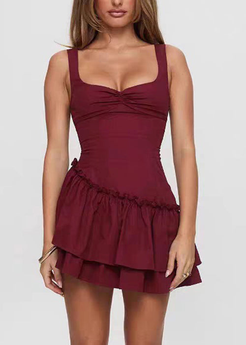 Square Neck Gathered Bust Asymmetric Tiered Ruffle Mini Dress