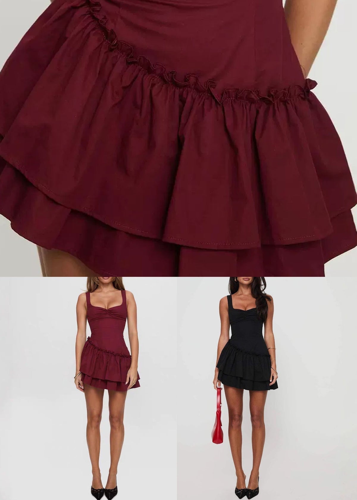 Square Neck Gathered Bust Asymmetric Tiered Ruffle Mini Dress