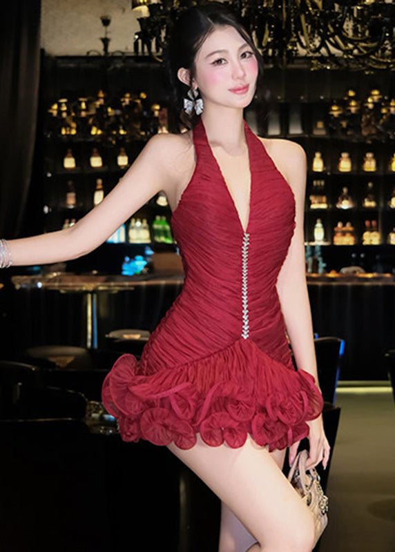 Halter Plunging V-Neck Ruched Bodice Crystal Line Ruffle Mini Dress