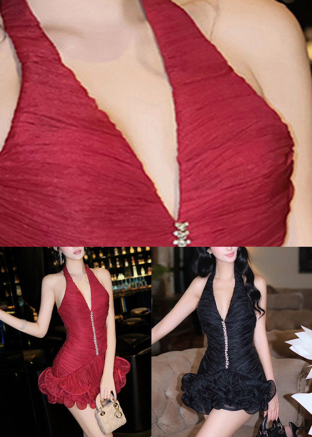 Halter Plunging V-Neck Ruched Bodice Crystal Line Ruffle Mini Dress