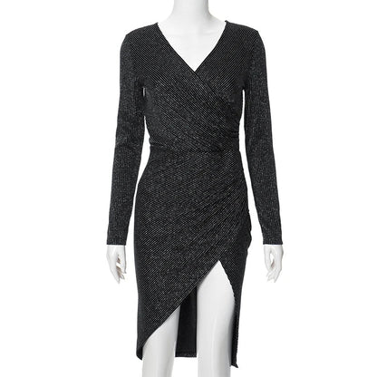 Metallic Rib Knit Long Sleeve Ruched Side Slit Midi Dress
